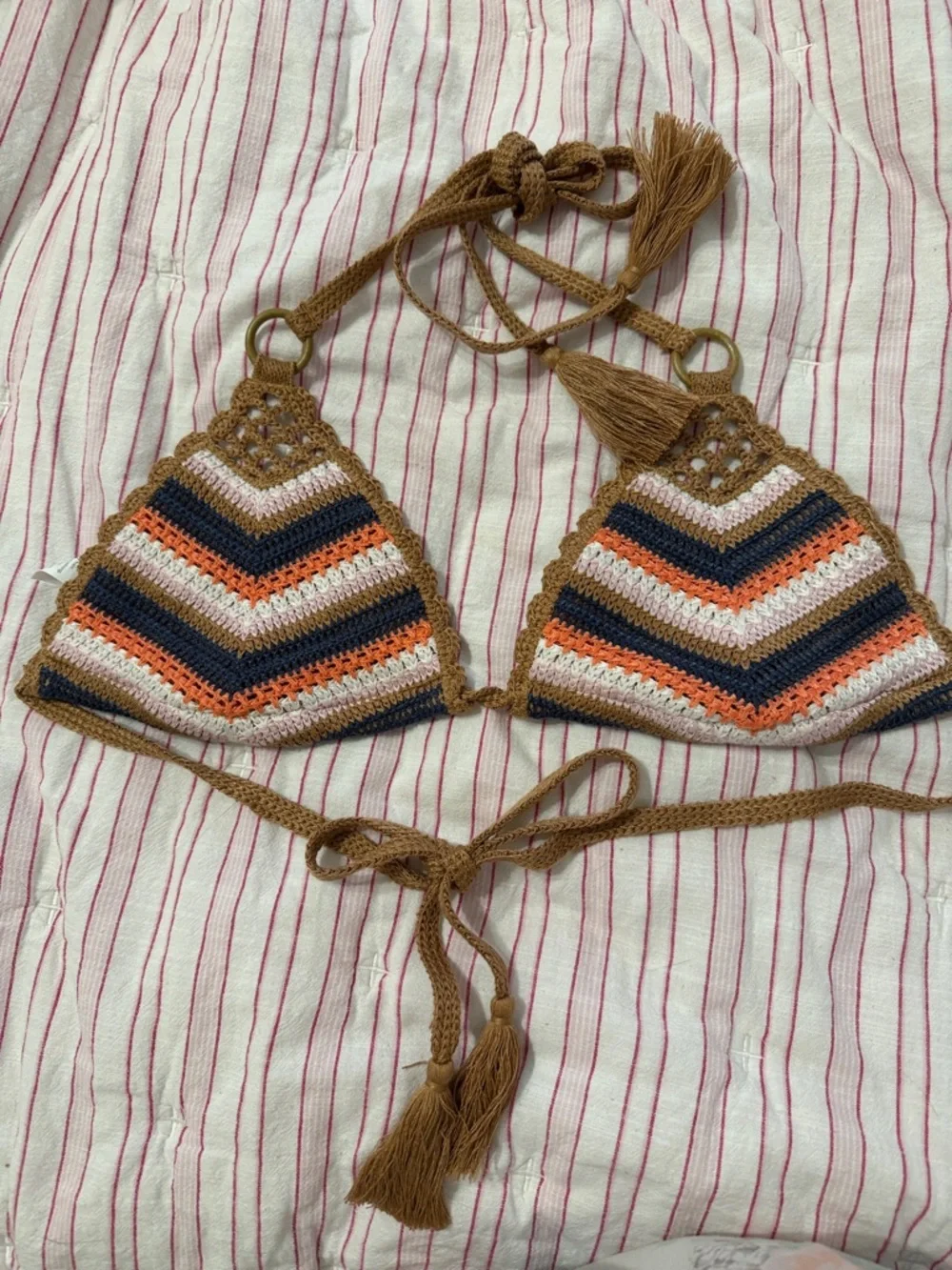 aerie Crochet Triangle Bikini Top in Brown, Navy, Cream & Orange size medium